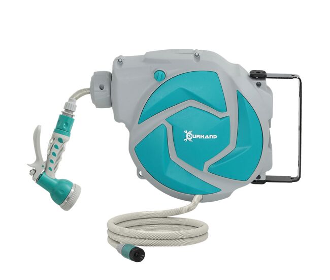Durhand enrollador de manguera para jardín 10+1 m con boquilla de 7 funciones, carrete de manguera de jardín de pared, giratorio 180°, con retorno enrollado automático, gris claro y verde