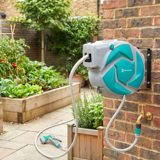 DURHAND Enrolador de Mangueira para Jardim 10+1 m com Bico de 7 Funções, Enrolador de Mangueira de Parede Giratório 180°, com Enrolamento Automático, Cinzento Claro e Verde DURHAND Enrolador de Mangueira para Jardim 10+1 m com Bico de 7 Funções, Enrolador de Mangueira de Parede Giratório 180°, com Enrolamento Automático, Cinzento Claro e Verde