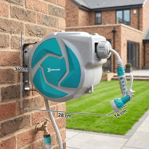 DURHAND Enrolador de Mangueira para Jardim 10+1 m com Bico de 7 Funções, Enrolador de Mangueira de Parede Giratório 180°, com Enrolamento Automático, Cinzento Claro e Verde DURHAND Enrolador de Mangueira para Jardim 10+1 m com Bico de 7 Funções, Enrolador de Mangueira de Parede Giratório 180°, com Enrolamento Automático, Cinzento Claro e Verde