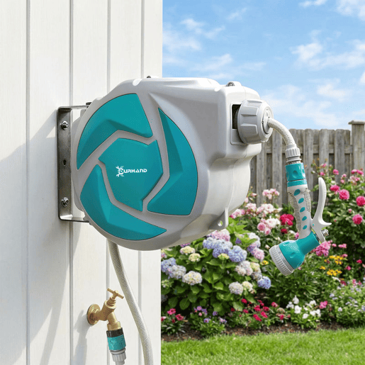 DURHAND Enrolador de Mangueira para Jardim 10+1 m com Bico de 7 Funções, Enrolador de Mangueira de Parede Giratório 180°, com Enrolamento Automático, Cinzento Claro e Verde DURHAND Enrolador de Mangueira para Jardim 10+1 m com Bico de 7 Funções, Enrolador de Mangueira de Parede Giratório 180°, com Enrolamento Automático, Cinzento Claro e Verde