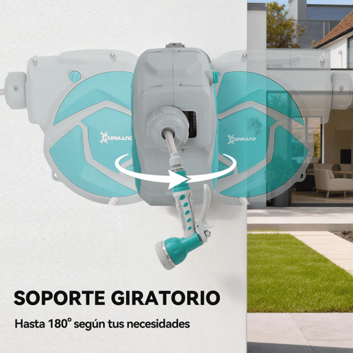 DURHAND Enrolador de Mangueira para Jardim 10+1 m com Bico de 7 Funções, Enrolador de Mangueira de Parede Giratório 180°, com Enrolamento Automático, Cinzento Claro e Verde DURHAND Enrolador de Mangueira para Jardim 10+1 m com Bico de 7 Funções, Enrolador de Mangueira de Parede Giratório 180°, com Enrolamento Automático, Cinzento Claro e Verde