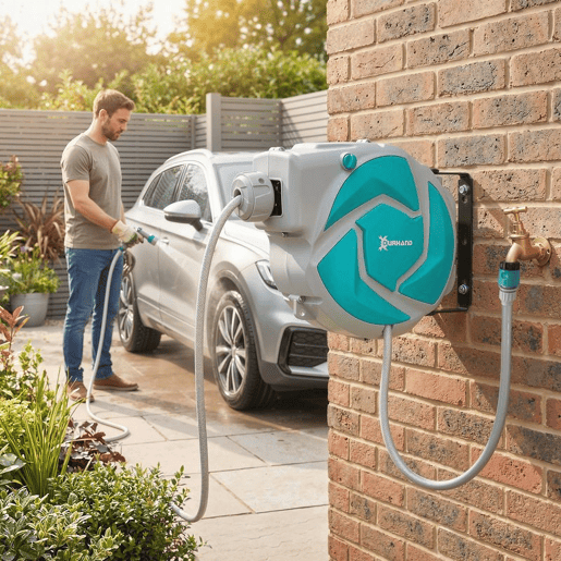 DURHAND Enrolador de Mangueira para Jardim 10+1 m com Bico de 7 Funções, Enrolador de Mangueira de Parede Giratório 180°, com Enrolamento Automático, Cinzento Claro e Verde DURHAND Enrolador de Mangueira para Jardim 10+1 m com Bico de 7 Funções, Enrolador de Mangueira de Parede Giratório 180°, com Enrolamento Automático, Cinzento Claro e Verde