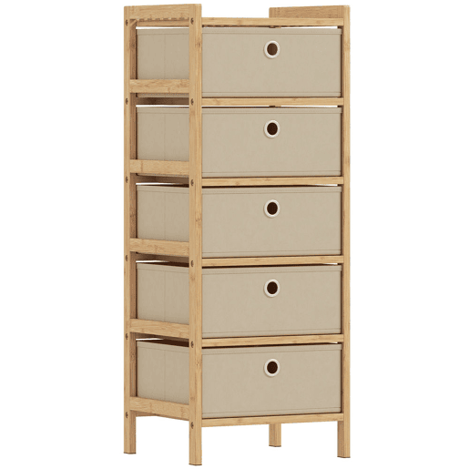 HOMCOM Cómoda com 5 Gavetas em Tecido, Estrutura de Bambu, Ideal para Espaços Pequenos, Sala, Escritório ou Closet, Creme e Madeira