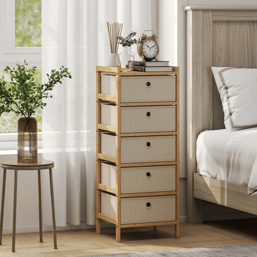 HOMCOM Cómoda com 5 Gavetas em Tecido, Estrutura de Bambu, Ideal para Espaços Pequenos, Sala, Escritório ou Closet, Creme e Madeira
