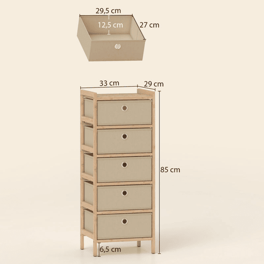 HOMCOM Cómoda com 5 Gavetas em Tecido, Estrutura de Bambu, Ideal para Espaços Pequenos, Sala, Escritório ou Closet, Creme e Madeira