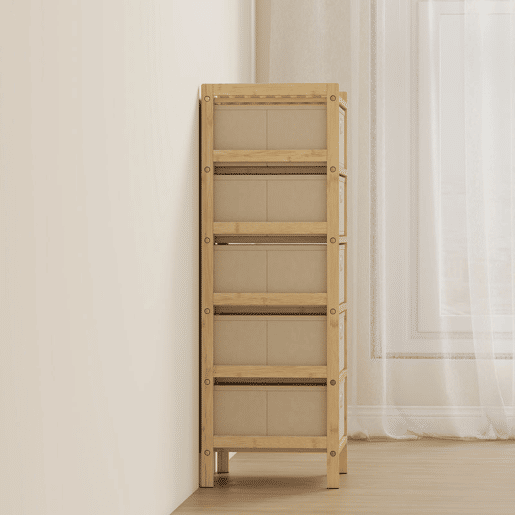 HOMCOM Cómoda com 5 Gavetas em Tecido, Estrutura de Bambu, Ideal para Espaços Pequenos, Sala, Escritório ou Closet, Creme e Madeira