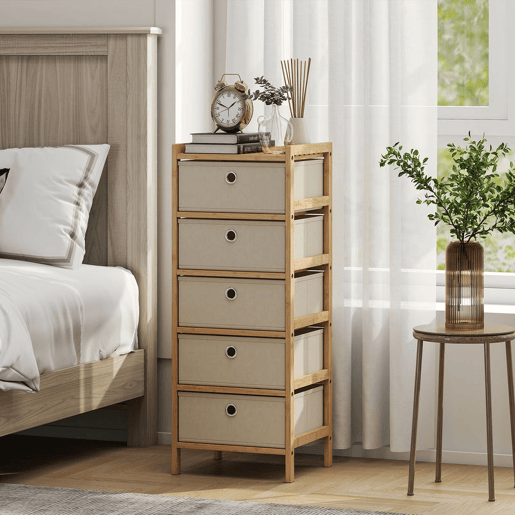 HOMCOM Cómoda com 5 Gavetas em Tecido, Estrutura de Bambu, Ideal para Espaços Pequenos, Sala, Escritório ou Closet, Creme e Madeira
