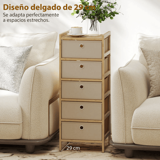 HOMCOM Cómoda com 5 Gavetas em Tecido, Estrutura de Bambu, Ideal para Espaços Pequenos, Sala, Escritório ou Closet, Creme e Madeira