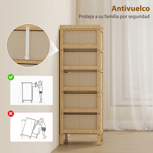 HOMCOM Cómoda com 5 Gavetas em Tecido, Estrutura de Bambu, Ideal para Espaços Pequenos, Sala, Escritório ou Closet, Creme e Madeira