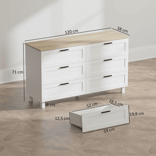 HOMCOM Cómoda 6 Gavetas Cómoda Quarto com Pés de Madeira Gaveteiro para Sala Escritório Estilo Moderno 120x38x71 cm Branco