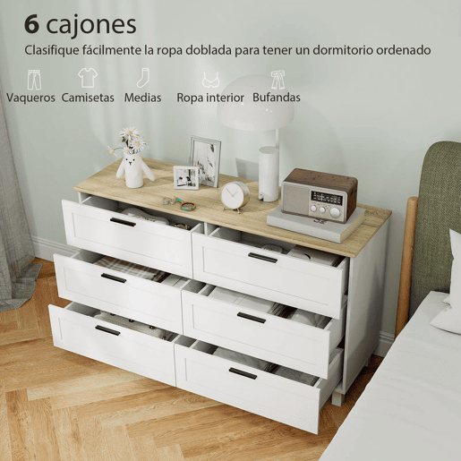 HOMCOM Cómoda 6 Gavetas Cómoda Quarto com Pés de Madeira Gaveteiro para Sala Escritório Estilo Moderno 120x38x71 cm Branco