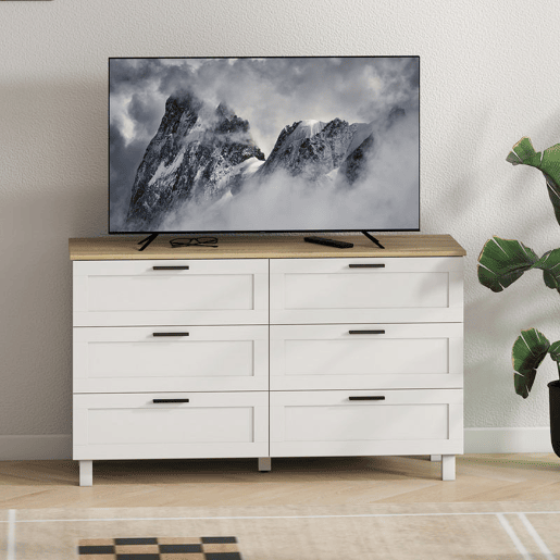 HOMCOM Cómoda 6 Gavetas Cómoda Quarto com Pés de Madeira Gaveteiro para Sala Escritório Estilo Moderno 120x38x71 cm Branco