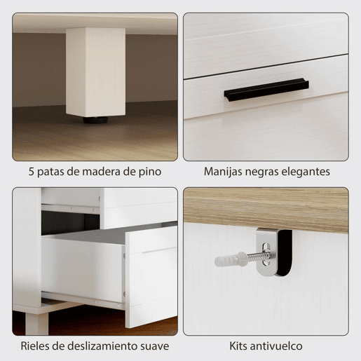 HOMCOM Cómoda 6 Gavetas Cómoda Quarto com Pés de Madeira Gaveteiro para Sala Escritório Estilo Moderno 120x38x71 cm Branco