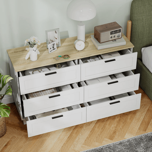 HOMCOM Cómoda 6 Gavetas Cómoda Quarto com Pés de Madeira Gaveteiro para Sala Escritório Estilo Moderno 120x38x71 cm Branco