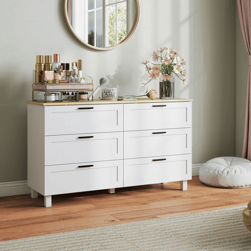 HOMCOM Cómoda 6 Gavetas Cómoda Quarto com Pés de Madeira Gaveteiro para Sala Escritório Estilo Moderno 120x38x71 cm Branco