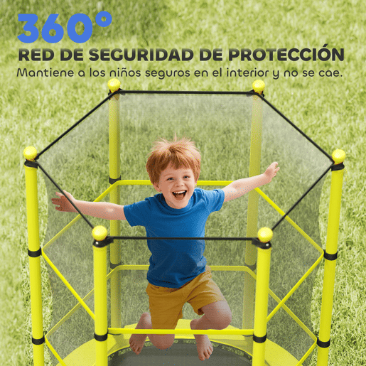 HOMCOM Cama Elástica Infantil Ø140 cm, Trampolim para Crianças dos 3-10 Anos com Rede de Segurança e Estrutura de Aço, Suporta até 50 kg, para Interior e Exterior, Amarelo
