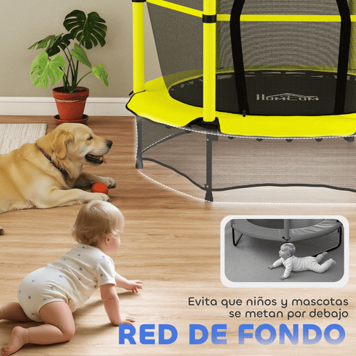 HOMCOM Cama Elástica Infantil Ø140 cm, Trampolim para Crianças dos 3-10 Anos com Rede de Segurança e Estrutura de Aço, Suporta até 50 kg, para Interior e Exterior, Amarelo