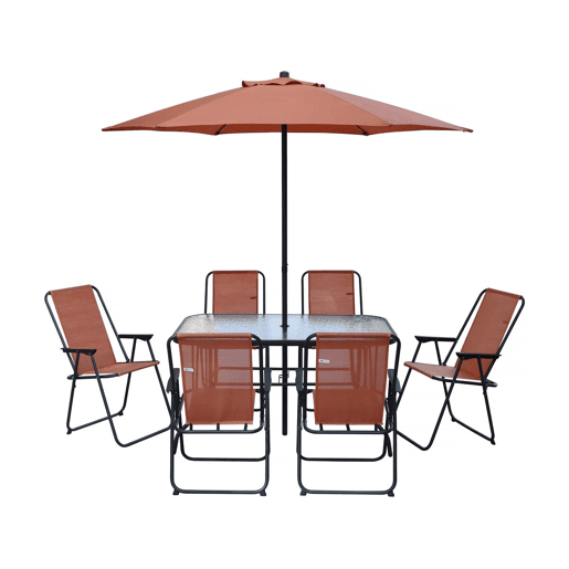 Mesa e cadeiras de jardim em metal Convivia com guarda-sol - 6 lugares - Terracota