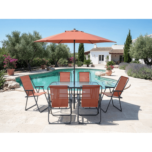 Mesa e cadeiras de jardim em metal Convivia com guarda-sol - 6 lugares - Terracota