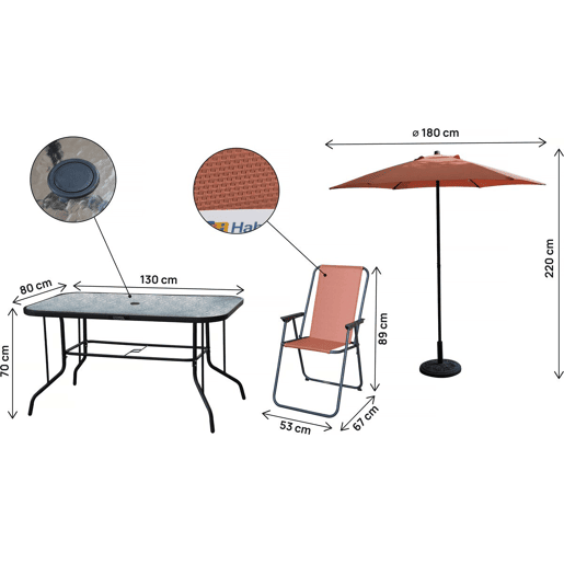 Mesa e cadeiras de jardim em metal Convivia com guarda-sol - 6 lugares - Terracota