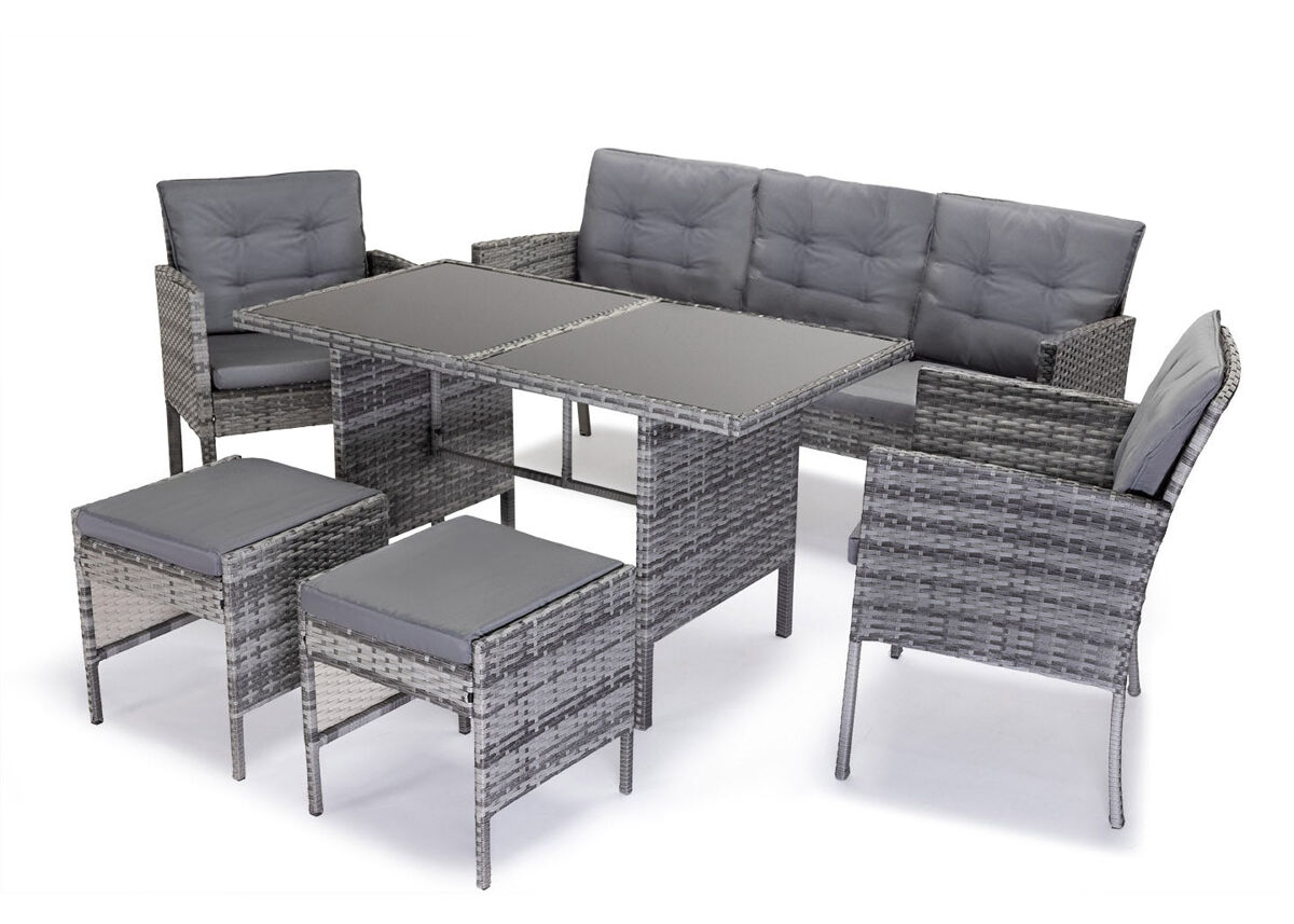 Sofa + mesa + 2 sillones + 2 pufs ratan pe. muebles de jardin y terraza andy, ratan gris