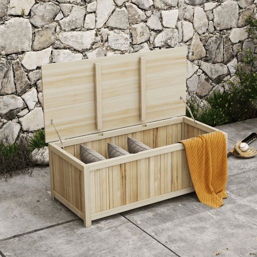 Outsunny Baú de Armazenamento Exterior em Madeira 172 L Baú de Jardim com Tampa Articulada Resistente às Intempéries para Jardim Terraço Pátio 120x55x45 cm Madeira