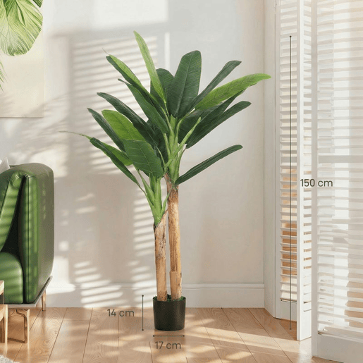 HOMCOM Árvore de Bananeira Artificial 150 cm com Vaso e 2 Troncos para Decoração de Interiores - Sala, Casa ou Escritório - Cor Verde