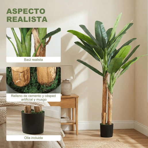 HOMCOM Árvore de Bananeira Artificial 150 cm com Vaso e 2 Troncos para Decoração de Interiores - Sala, Casa ou Escritório - Cor Verde