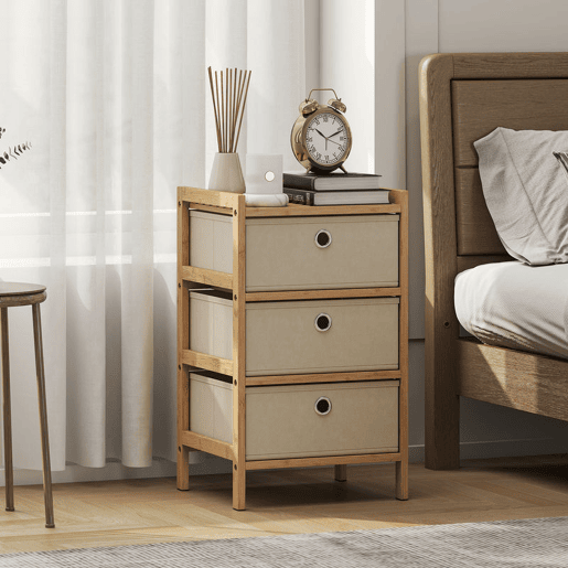 HOMCOM Cómoda de Bambu com 3 Gavetas de Tecido para Espaços Pequenos, Ideal para Quarto, Sala ou Escritório, Creme e Madeira