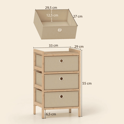 HOMCOM Cómoda de Bambu com 3 Gavetas de Tecido para Espaços Pequenos, Ideal para Quarto, Sala ou Escritório, Creme e Madeira