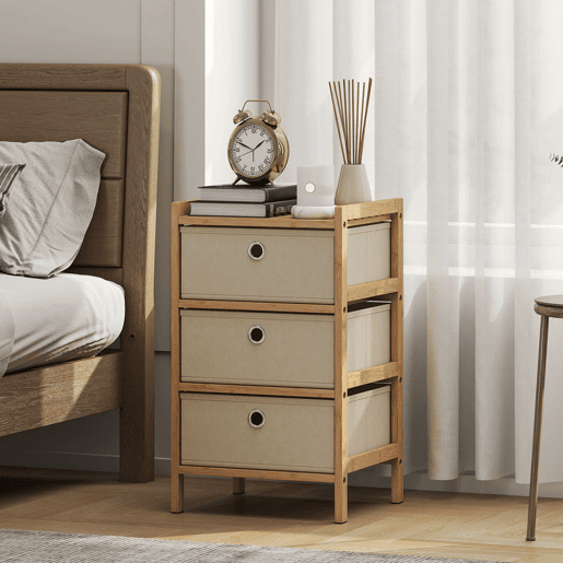 HOMCOM Cómoda de Bambu com 3 Gavetas de Tecido para Espaços Pequenos, Ideal para Quarto, Sala ou Escritório, Creme e Madeira