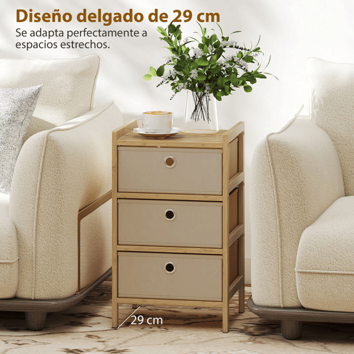 HOMCOM Cómoda de Bambu com 3 Gavetas de Tecido para Espaços Pequenos, Ideal para Quarto, Sala ou Escritório, Creme e Madeira