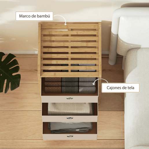 HOMCOM Cómoda de Bambu com 3 Gavetas de Tecido para Espaços Pequenos, Ideal para Quarto, Sala ou Escritório, Creme e Madeira
