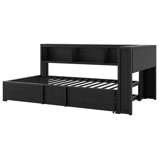 Cama metálica de dia 90x200 - com cama extra, arrumação, LED e USB - Preto
