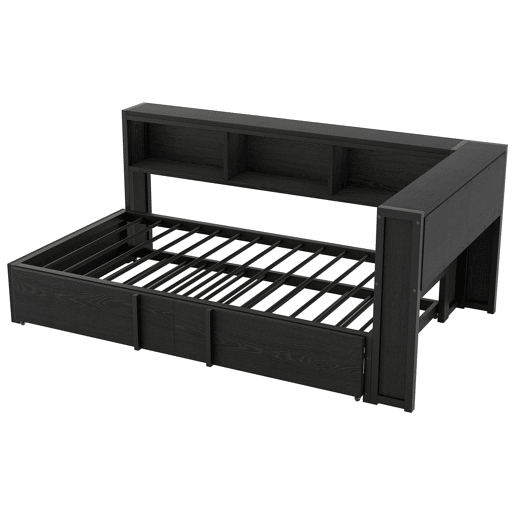 Cama metálica de dia 90x200 - com cama extra, arrumação, LED e USB - Preto