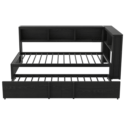 Cama metálica de dia 90x200 - com cama extra, arrumação, LED e USB - Preto