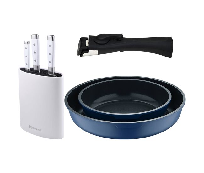 Bergner click&cook juego de 2 sartenes ø22ø26cm aluminio fundido azul con mango desmontable+juego de 3 cuchillos de acero inoxidable con tacoma
