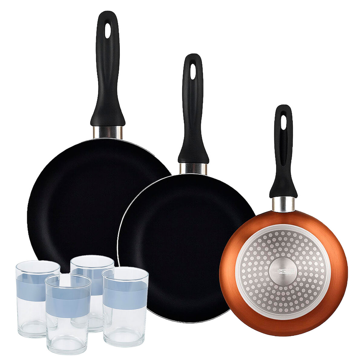 Well home set de 3 sartenes ø16ø20ø24cm de aluminio prensado en bronce metalizado+juego de 4 vasos de 0,5l