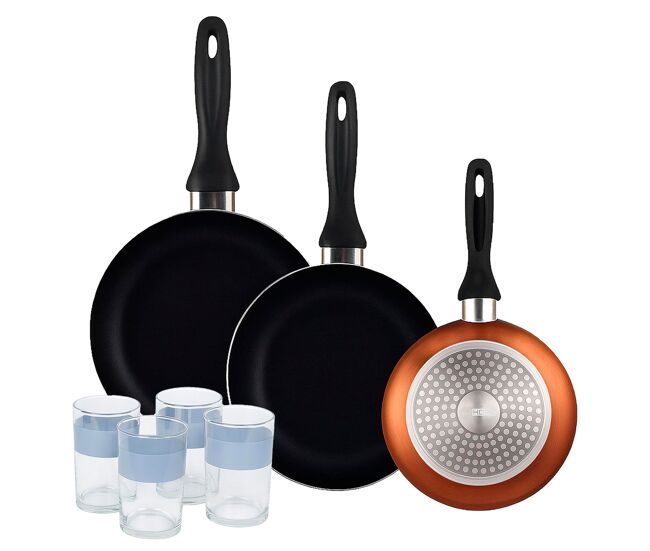 Well home set de 3 sartenes ø16ø20ø24cm de aluminio prensado en bronce metalizado+juego de 4 vasos de 0,5l