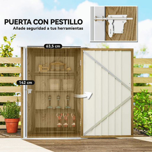 Outsunny Abrigo de Jardim Exterior 0,92 m² 100x103x160 cm Abrigo de Jardim Metálica com 1 Porta e Fecho para Armazenamento de Ferramentas para Pátio Terraço, Castanho Claro