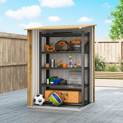 Outsunny Abrigo de Jardim Exterior 0,92 m² 100x103x160 cm Abrigo de Jardim Metálica com 1 Porta e Fecho para Armazenamento de Ferramentas para Pátio Terraço, Castanho Claro