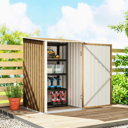 Outsunny Abrigo de Jardim Exterior 0,92 m² 100x103x160 cm Abrigo de Jardim Metálica com 1 Porta e Fecho para Armazenamento de Ferramentas para Pátio Terraço, Castanho Claro