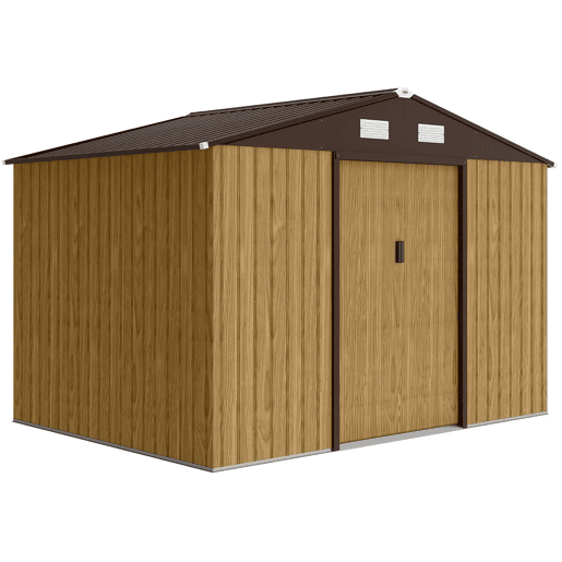 Outsunny Abrigo de Jardim Exterior 4,9 m², 277x195x192 cm, Casota de Jardim Metálica com Porta de Correr, Ventilação e Kit de Fundação, para Armazenamento de Ferramentas, Castanho Claro
