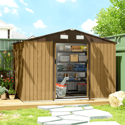 Outsunny Abrigo de Jardim Exterior 4,9 m², 277x195x192 cm, Casota de Jardim Metálica com Porta de Correr, Ventilação e Kit de Fundação, para Armazenamento de Ferramentas, Castanho Claro