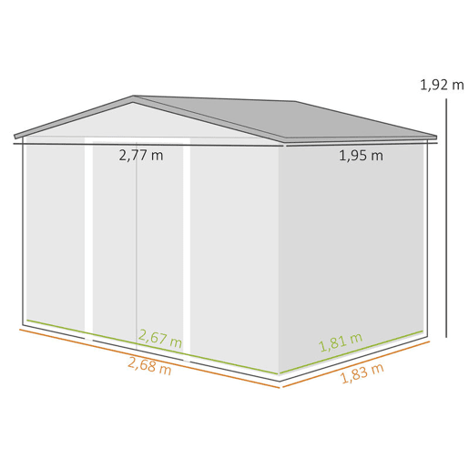 Outsunny Abrigo de Jardim Exterior 4,9 m², 277x195x192 cm, Casota de Jardim Metálica com Porta de Correr, Ventilação e Kit de Fundação, para Armazenamento de Ferramentas, Castanho Claro