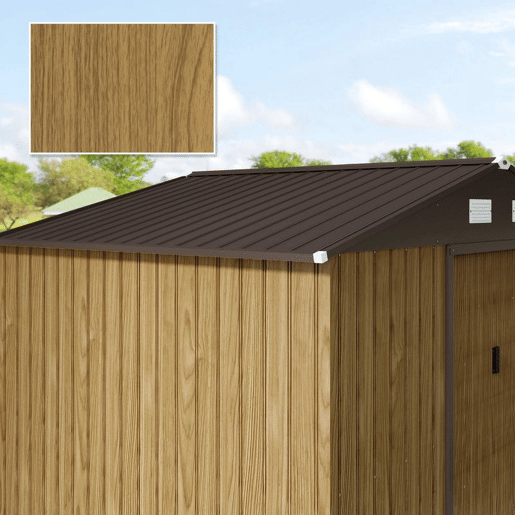 Outsunny Abrigo de Jardim Exterior 4,9 m², 277x195x192 cm, Casota de Jardim Metálica com Porta de Correr, Ventilação e Kit de Fundação, para Armazenamento de Ferramentas, Castanho Claro