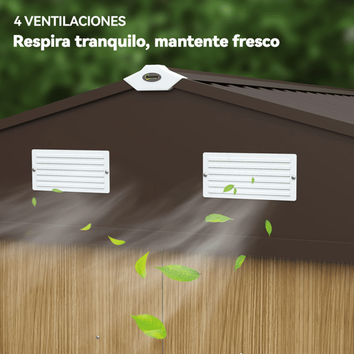 Outsunny Abrigo de Jardim Exterior 4,9 m², 277x195x192 cm, Casota de Jardim Metálica com Porta de Correr, Ventilação e Kit de Fundação, para Armazenamento de Ferramentas, Castanho Claro