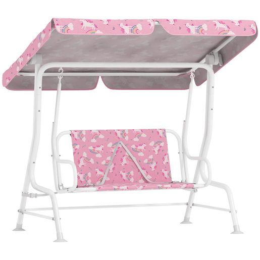 AIYAPLAY Baloiço de Jardim Exterior Infantil de 2 Lugares, Baloiço de Jardim com Toldo Ajustável, Cintos de Segurança, Design de Unicórnio e Arco-Íris, para Interior e Exterior, 112x75x120 cm, Rosa