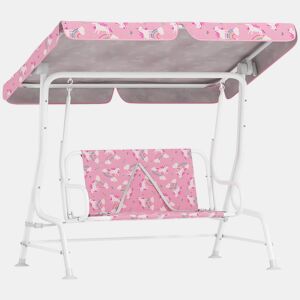 AIYAPLAY Baloiço de Jardim Exterior Infantil de 2 Lugares, Baloiço de Jardim com Toldo Ajustável, Cintos de Segurança, Design de Unicórnio e Arco-Íris, para Interior e Exterior, 112x75x120 cm, Rosa