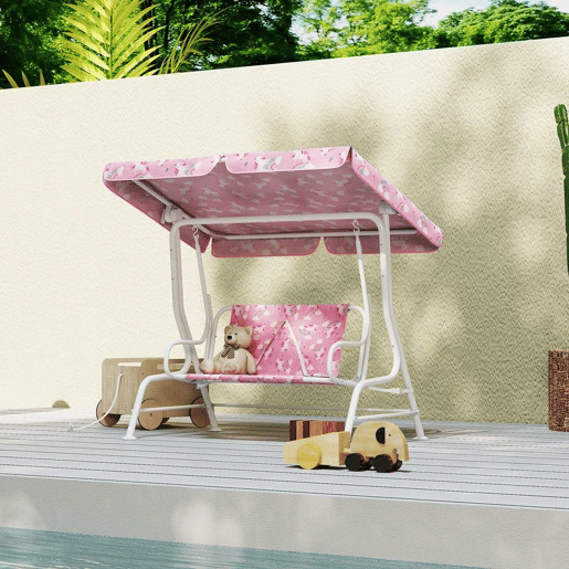 AIYAPLAY Baloiço de Jardim Exterior Infantil de 2 Lugares, Baloiço de Jardim com Toldo Ajustável, Cintos de Segurança, Design de Unicórnio e Arco-Íris, para Interior e Exterior, 112x75x120 cm, Rosa